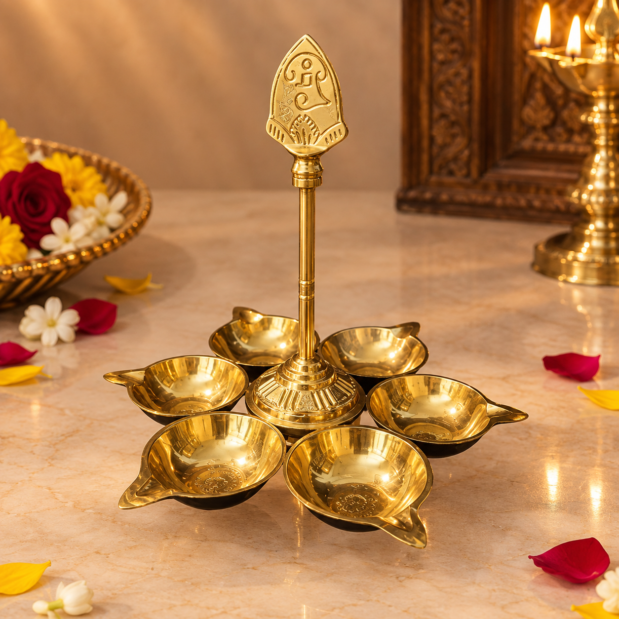 SSP Brass 6 Mugam Vel Vilakku | Traditional Shasti Vilakku | Arumuga Vel Vilakku | Traditional six face Oil Lamp - 7inch | Karthigai Deepam | Shashti Pooja
