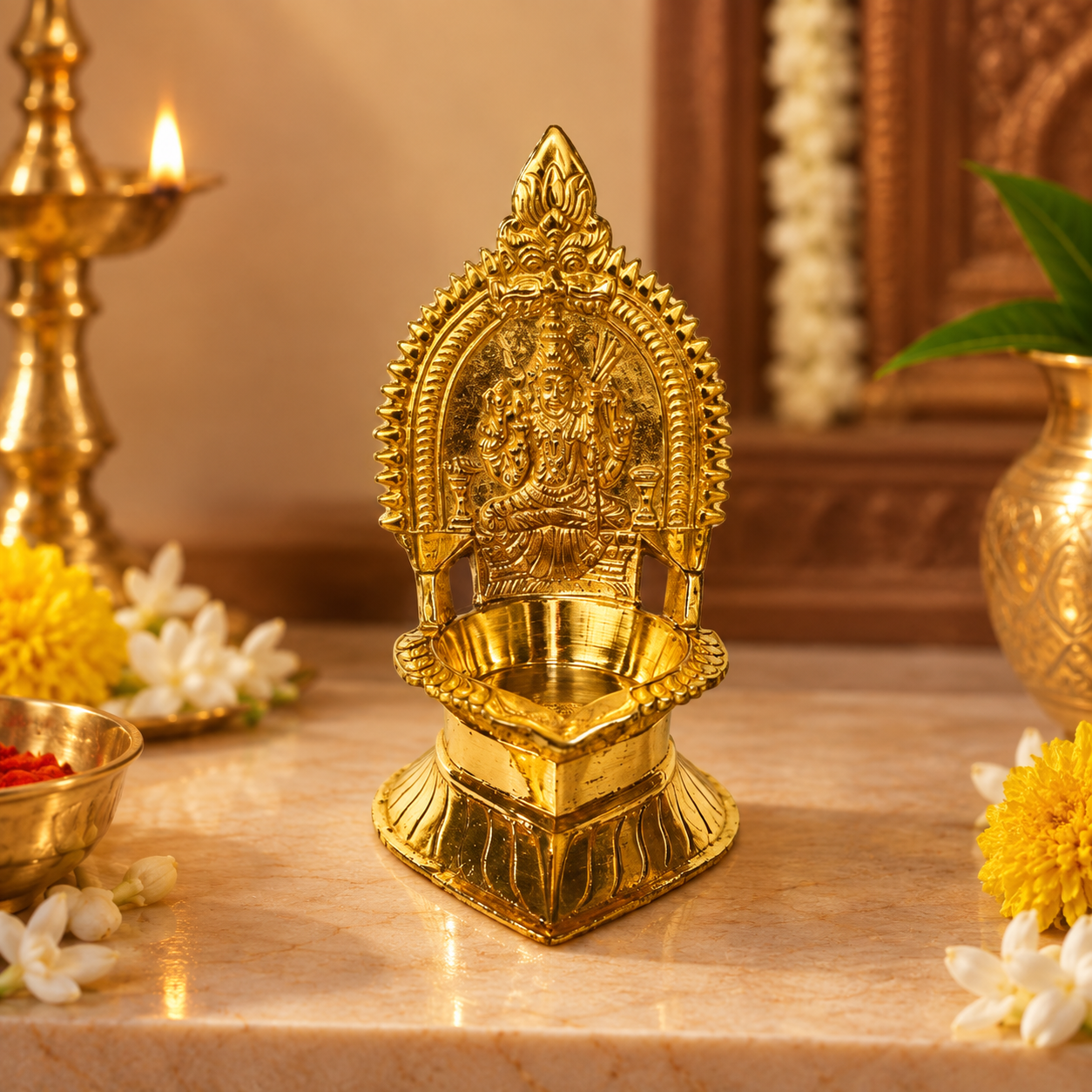 Pure Brass Traditional Karumbu Kamatchi Vilakku | Karumbu Kamatchi Diya for Home Pooja | Diya for Pooja Room, Gifts, Temple | Height 4.25