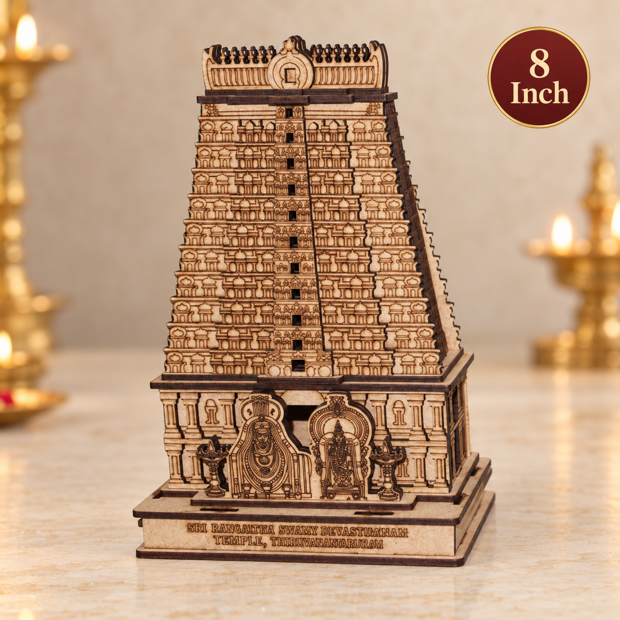 8-Inch Handcrafted Wooden Temple Gopuram Model